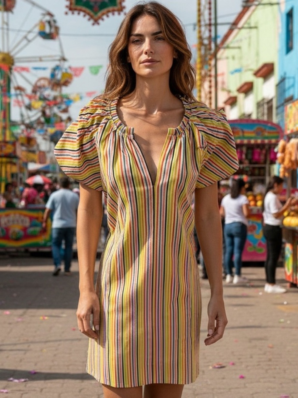 Pomander Place NEW Rainbow Stripe Finley Flutter Sleeve Colorful Mini Dress XS